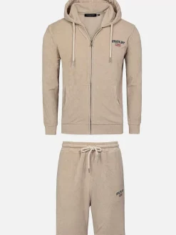 Wam Denim Avery Full Zipped Beige Hoodie Shorts Set| Sweaters