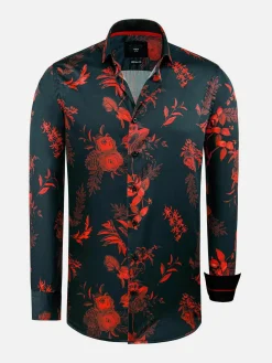 Wam Denim Florence Red Floral Black Overhemd Lange Mouw| Overhemd Lange Mouwen