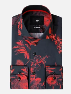 Wam Denim Florence Red Floral Black Overhemd Lange Mouw| Overhemd Lange Mouwen