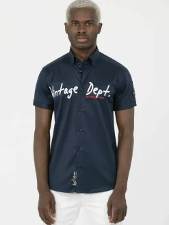 Wam Denim Overhemd Korte Mouw Emble Navy| Overhemd Korte Mouwen