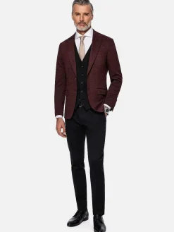 Wam Denim Red Wood Glen Check Slim Fit Dark Red Black Suit Gilet| Gilets
