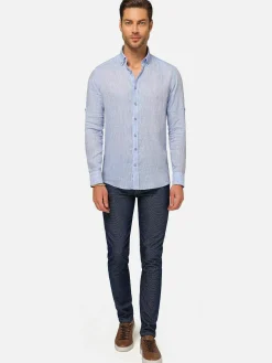 Wam Denim Overhemd Lange Mouwen<Redention Linen Blue Overhemd Lange Mouw